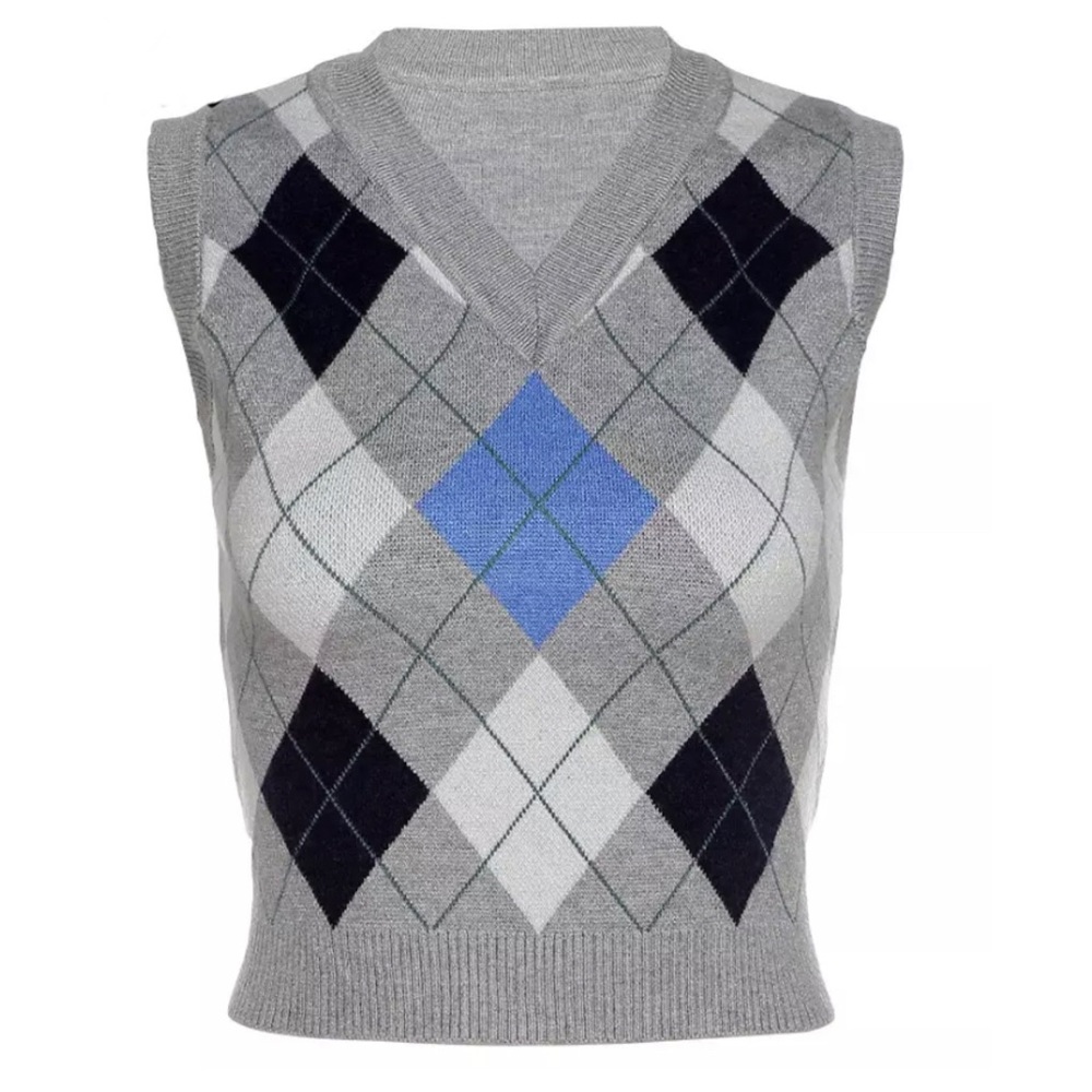 Crop Top Knit Sweater (Argyle/Plaid)